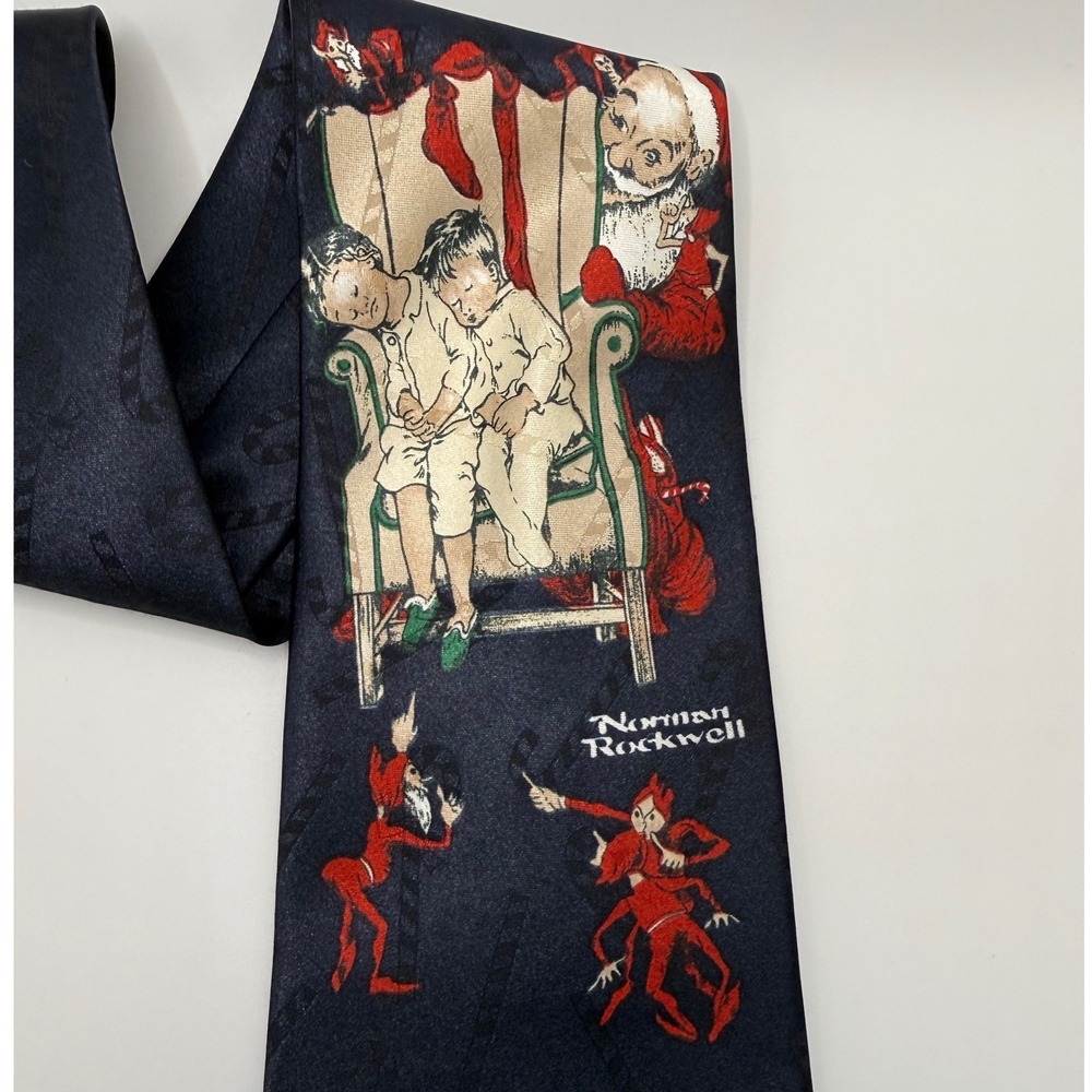 Norman Rockwell Necktie OS Christmas Holiday Santa Americana Vintage Navy Blue - Picture 3 of 8